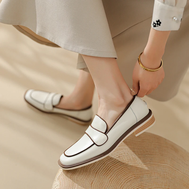 2023 New Fashion Spring/Autumn Women Loafers Cow Leather Square Toe Chunky Heel Women Shoes Casual Low Heel Pumps for Women