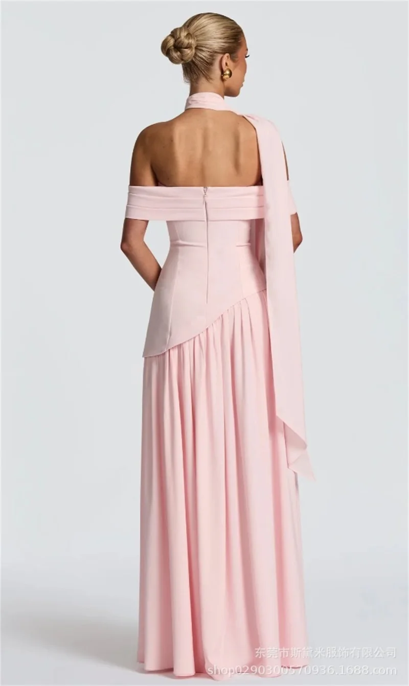 Pink Women Prom Dress With Scarf Sexy Off Shoulder Backless Long Party Gown Side Split Formal Birthday Red Carpet Robe
