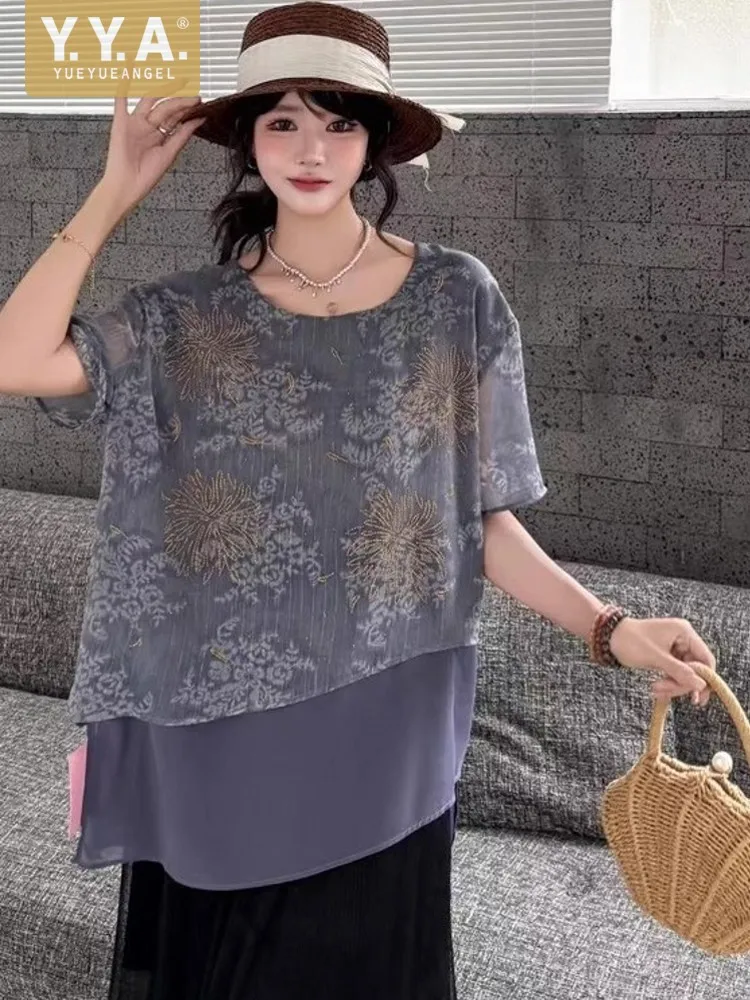 2025 Summer Female Loose Fit Fashion T-Shirts Short Sleeve O-Neck Elegant Tees Asymmetric Pullover Thin Print Lace Tops Hot Sale