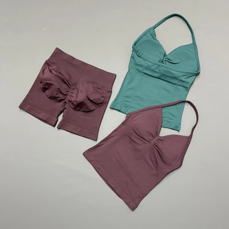 2Pcs HISTELLO Sports Set Women Yoga Halter Tank Top Scrunch Butt Lifting Shorts Slim Elastic Breathable Pilates Gym Workout Set