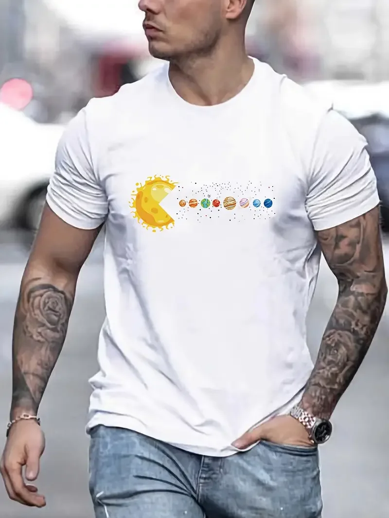 Solar System Planets Print Tees For Men, Casual Quick Drying Breathable T-Shirt, Short Sleeve T-shirt For Running Training, All