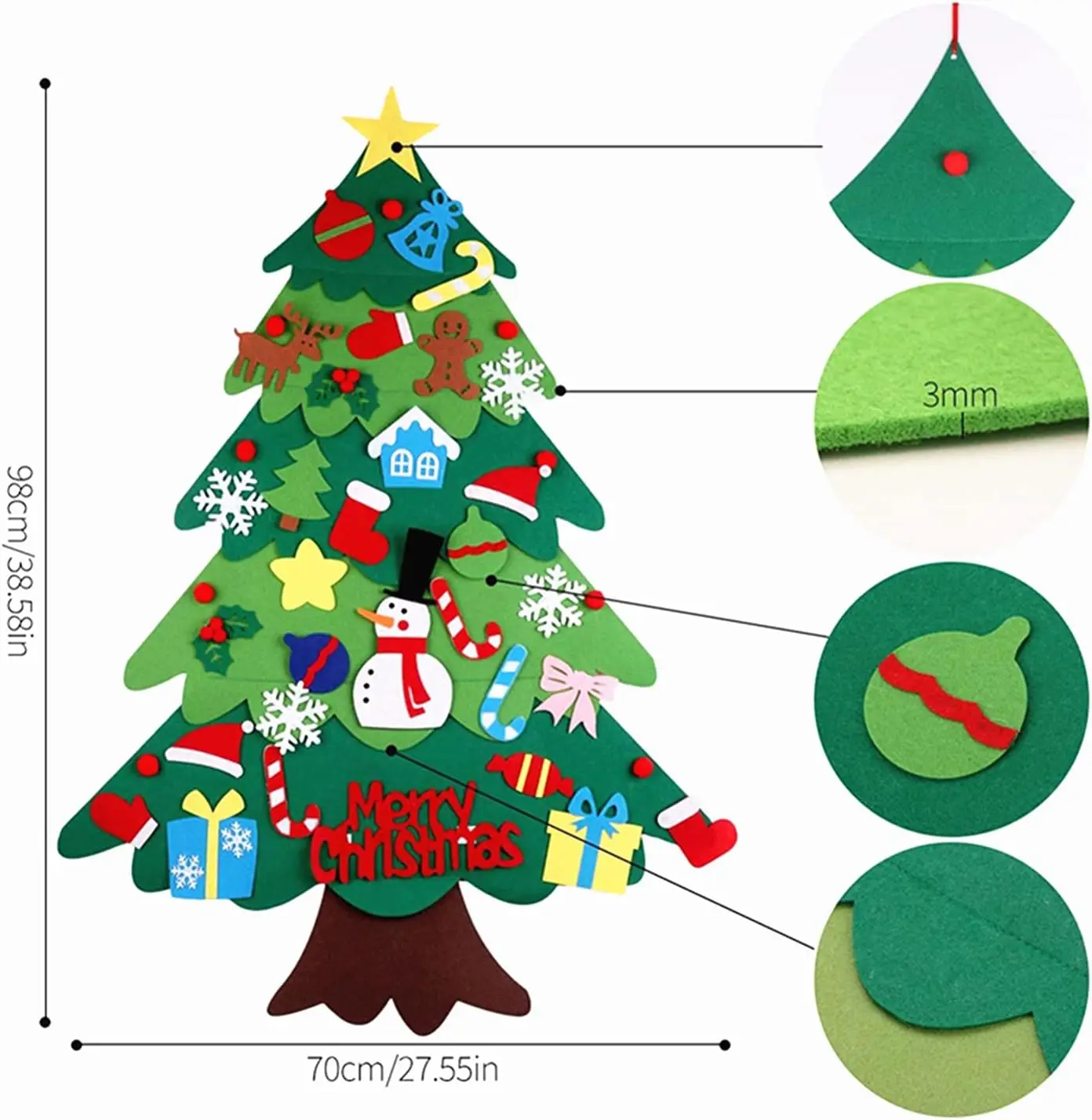 Conjunto de árvore de Natal de feltro DIY de 3,2 pés para crianças na parede com 32 peças de enfeites, presentes de Natal, decorações de suspensão de parede de porta