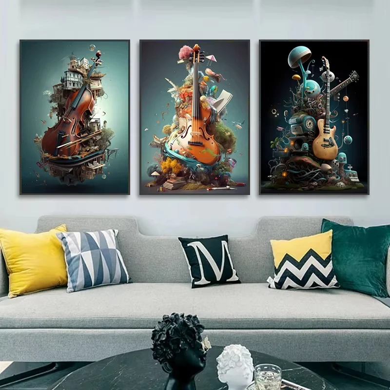 Piano Music Surrealism Canvas  Violin Music Graphic  Headphone Poster work Wall  for Living Room Decor Picture