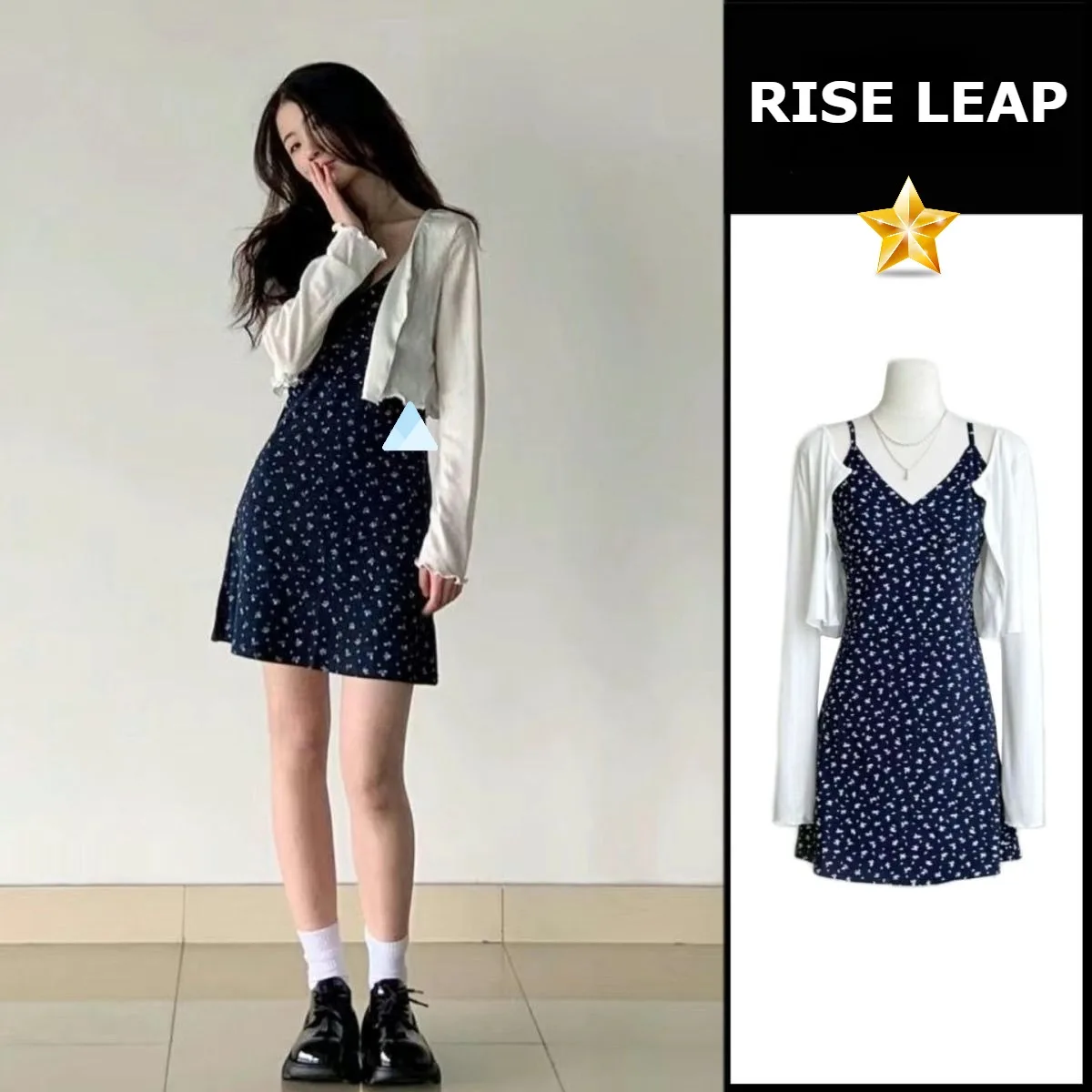 فستان نسائي صغير الحجم مزين بالورود مع سترة منسوجة عادية مجموعة ملابس خريفية للتخسيس غطاء أنيق للإجازات لفصل الربيع #1