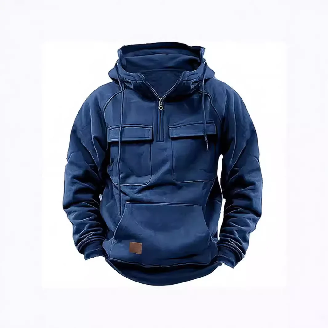 Men's Autumn and Winter Hooded Youth Sweater Men's Tooling Solid Color Casual Sweater Hoodie