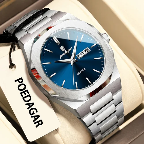 Imagen 2 del producto Reloj de pulsera POEDAGAR a la moda para hombre, Reloj luminoso resistente al agua de acero inoxidable para hombre, relojes de negocios de cuarzo con fecha y semana para hombre