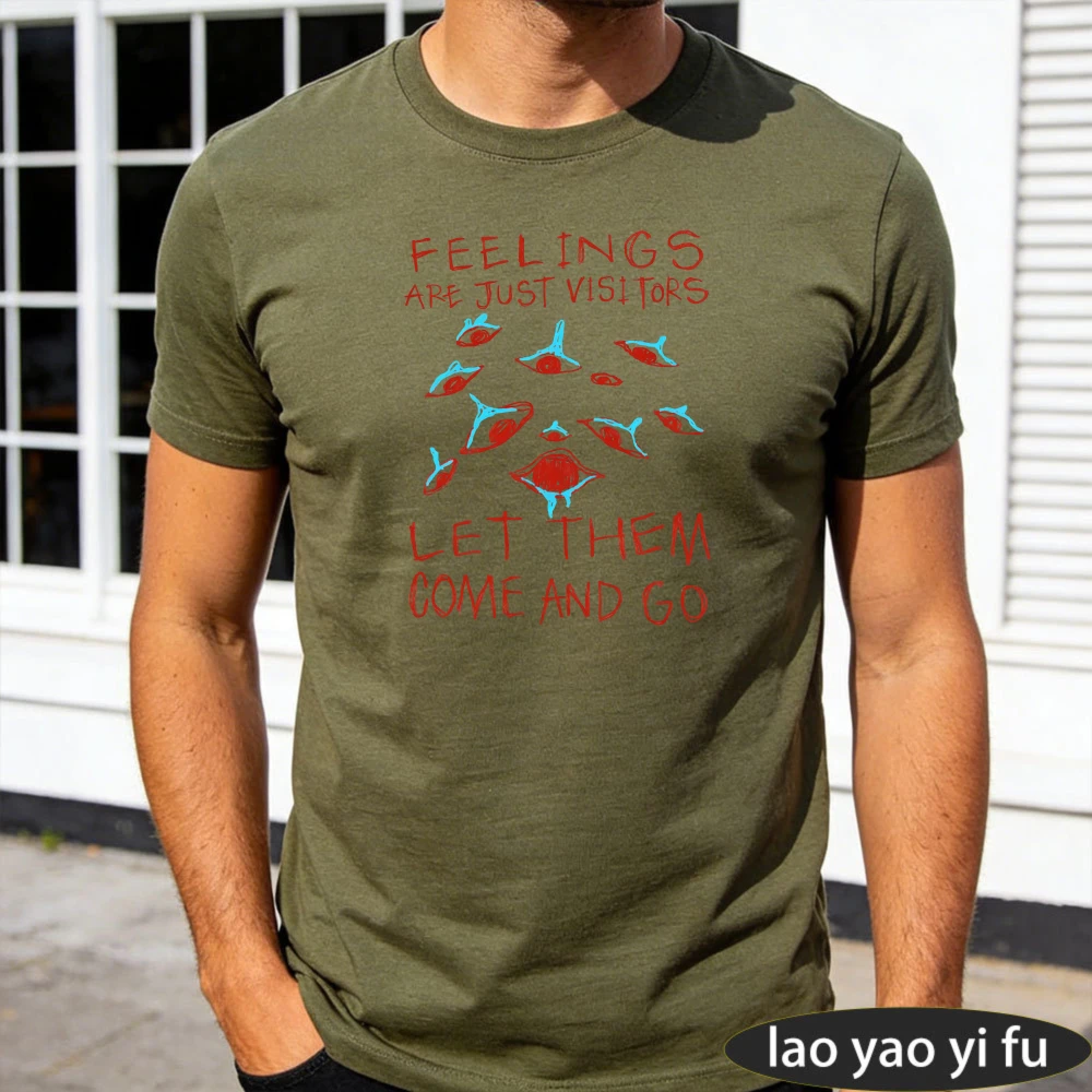 Feelings Are Just Visitors Eye Doodle Quote Men Summer Cotton T Shirt Spiritual Minimal Graphic Niche Casual Tee