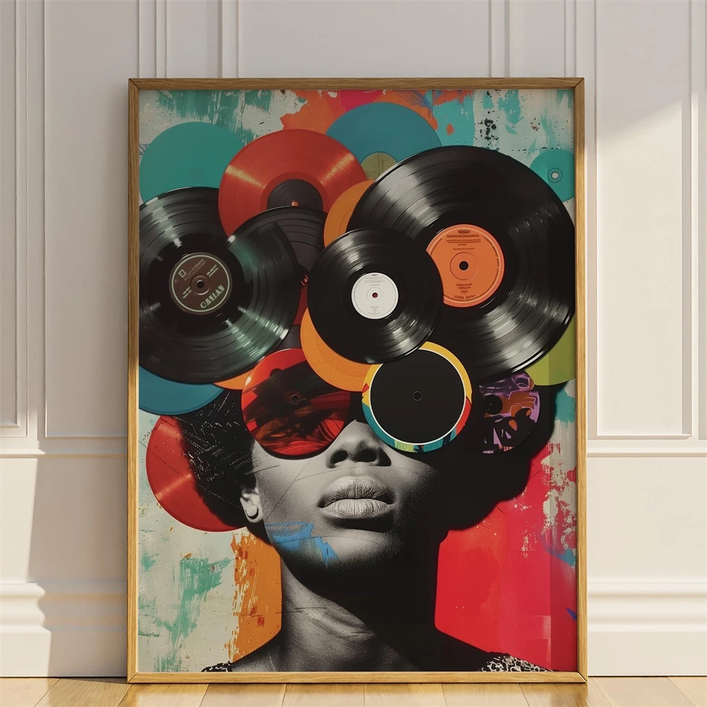 Vintage Records Wall Art Print Vintage Collage Wall Decor DJ Retro Poster 1950s Woman Music Lover Gift Canvas Painting Decor
