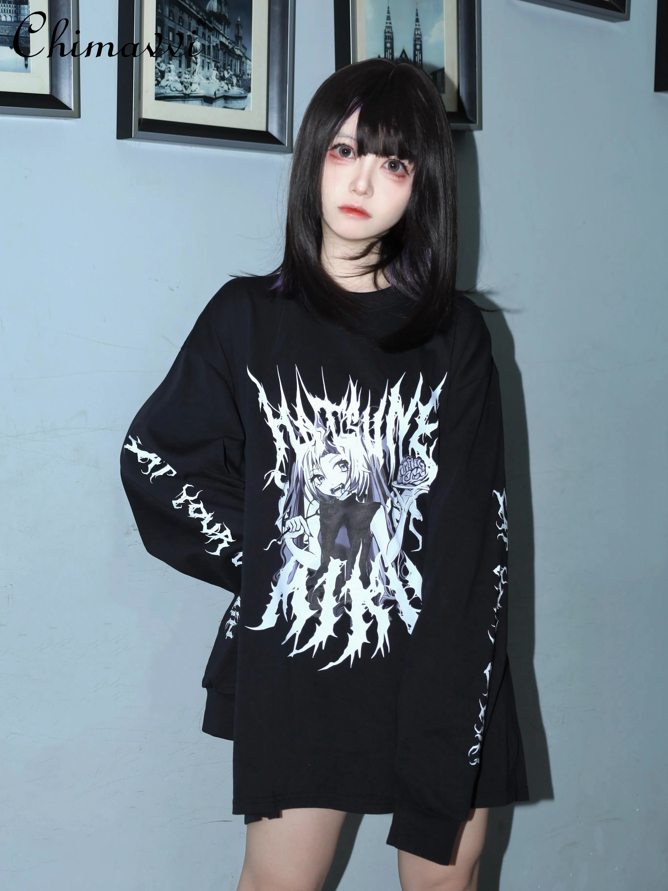 2024 New Spring Long Sleeve Mine Sweatshirt Fashion Asian Culture Loose Gothic Dark Cotton Pullover Black Hoodie Loose Tops