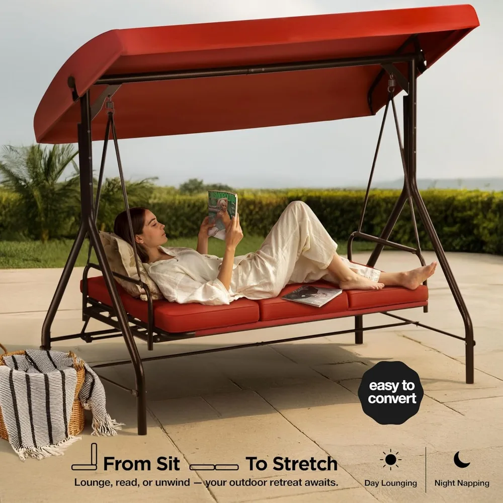 

Porch Swing - 3-Seat Patio Outdoor Swing with Canopy for Adultes, Convertible Glider Bed, Thick Removable Cushions & Pillows.