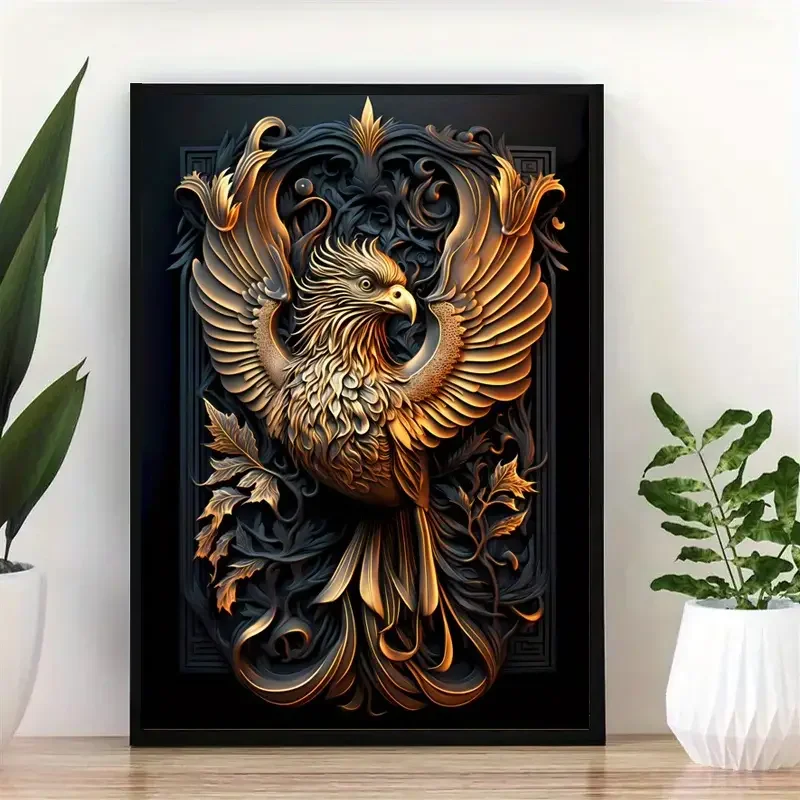 1 pièce d'art mural moderne sur toile, représentant le Phénix doré, symbole de la puissance féroce et de la beauté sauvage, sans cadre.