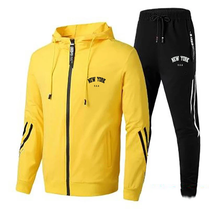 Men's sportswear zippered hoodie+sports pants two-piece set, autumn men's casual sports jacket, jogging set, top and pants