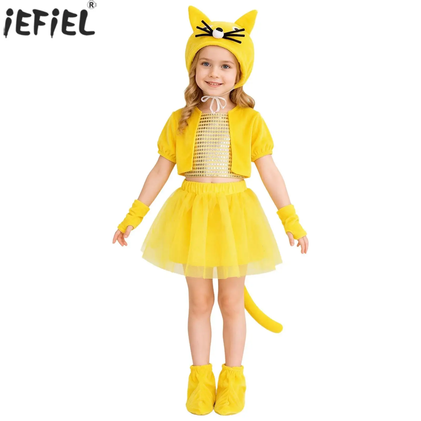 Halloween Cat Costume for Girls Kids Birthday Party Cosplay Outfit Short Sleeve Sequin Tops Layered Tutu Skirt with Tail Hat