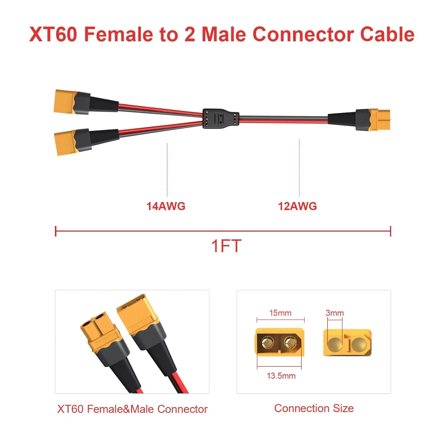 JMUYTOP XT60 Y Splitter 12-14AWG XT60 1 Female to 2 Male Connector 4mm2 Cable for solar panel  UAV Phantom Quadcopter RC Car
