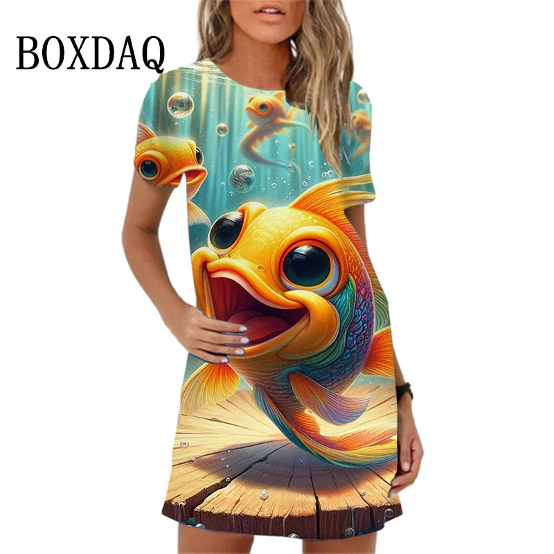 Summer 2024 New Women Dress Fashion Casual Dolphin Octopus Print Mini Dress Short Sleeve O-Neck Loose Woman Beach Dress Vestidos