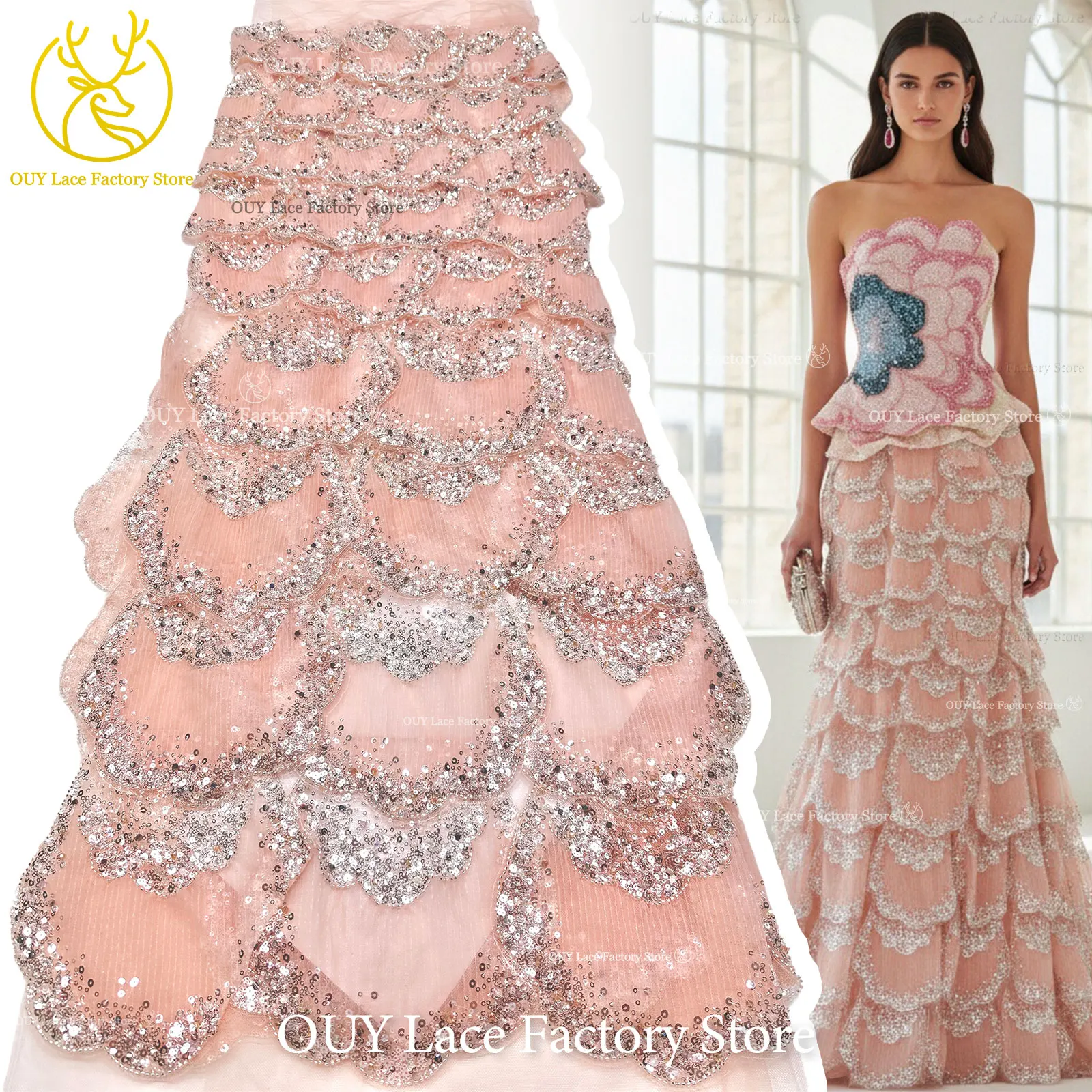 3D-Stickerei mit Pailletten und Perlen, marineblaue afrikanische Spitze, französischer Tüll, Netzspitze für Braut, Hochzeit, DIY, handgemachtes Nähen – Detail 7