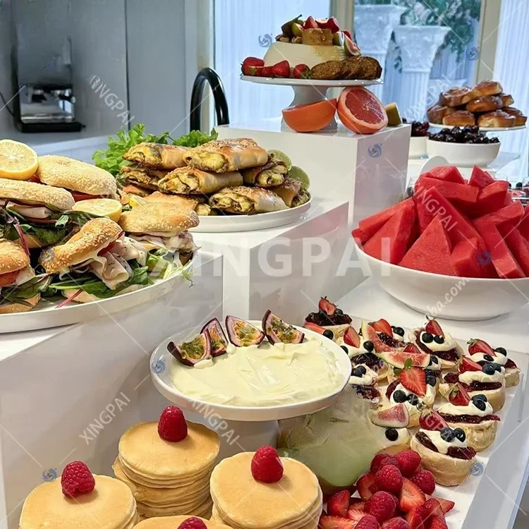 apricot pie restaurant serving white acrylic food display stand nested cube wedding party acrylic buffet riser