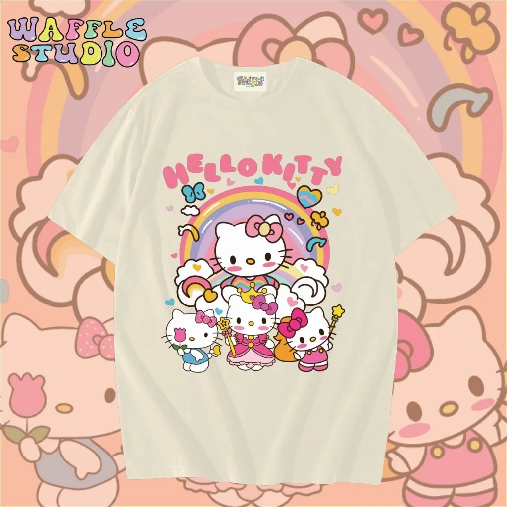 لطيف مرحبا كيتي القطن الخالص قصيرة الأكمام تي شيرت للنساء والأطفال صيف 2025 جديد بسيط مطبوعة فضفاض رداء علوي غير رسمي