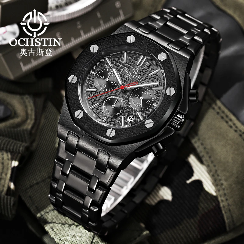 OCHSTIN Man Daily Aviator Dress Watch Crafted Tough Alloy Frame Men's Reliable Multifunctional Quartz Steel Strap Clock