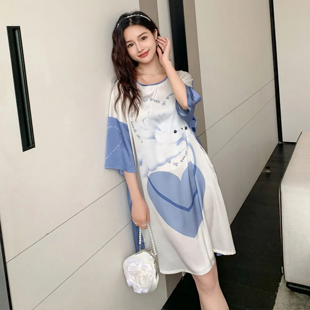 

New Satin Nightwear Women's Short Sleeve Silk Nightwear Premium Art Home Furnishing Cartoon Pullover