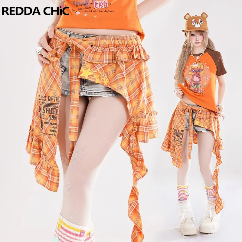 REDDACHiC Plaid Wrap Skirt for Jeans Dress Y2k Vintage Elastic Waist Ruffle Hem Slit Layering Mini Coverups Summer Women Bottoms