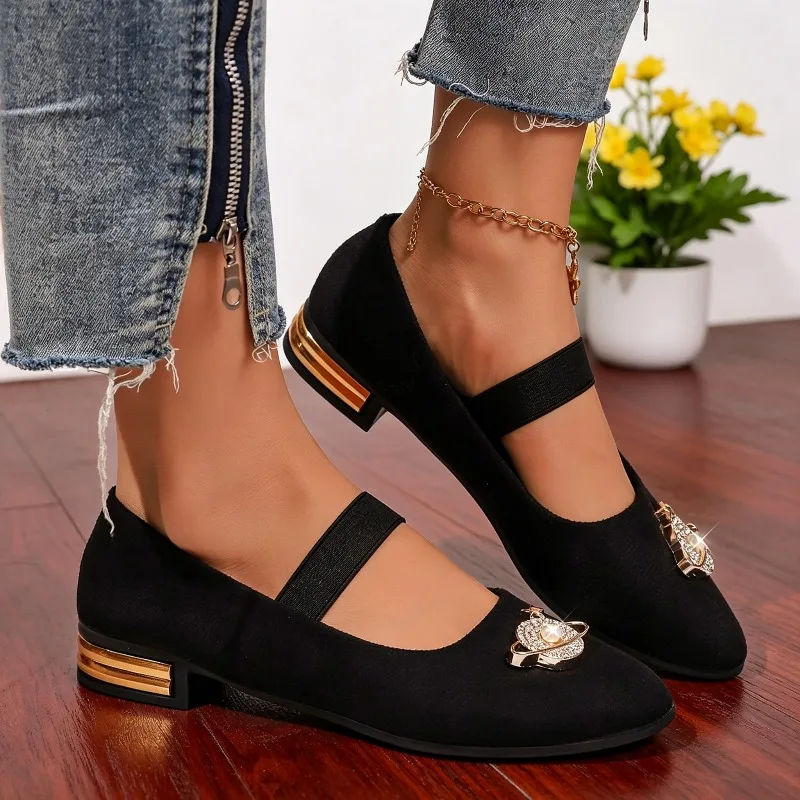 2026 New Low Heel Square Heel Elastic Band Single Strap Velvet Surface Water Diamond Butterfly Knot Slip-On Shoes for Women