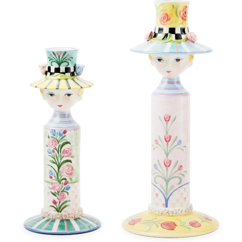 

MACKENZIE-CHILDS Set of 2 Rosy Meadow Lady Ceramic Candle Holders, Candle-Holder Decor