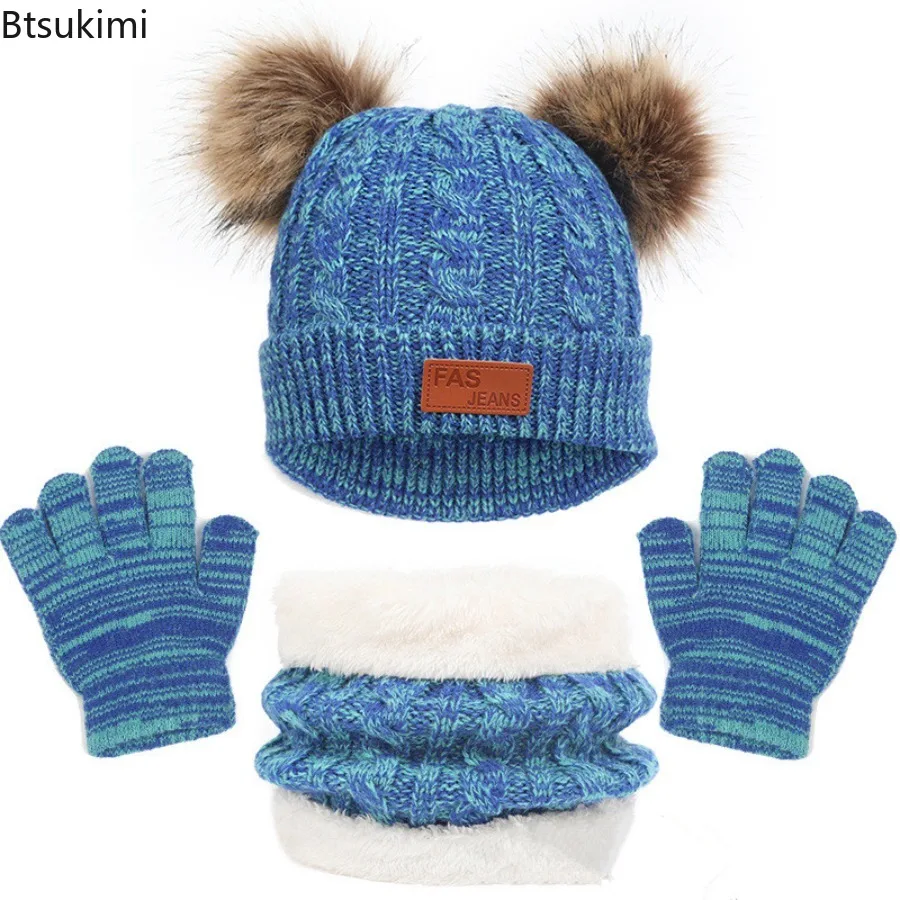 2026 3Pcs Winter Baby Hat Scarf Gloves Set Solid Color Toddler Bonnet Cute Pompom Knitted Hats Outdoor Warm Infant Accessories