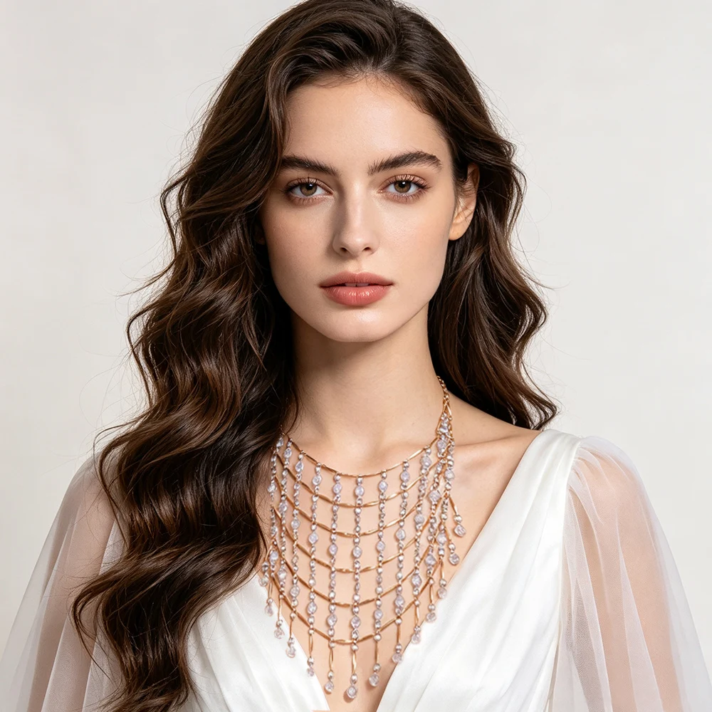 Elegant Multi Layer Cross Cascade Crystal Tassel Necklace Trendy Women Wedding Dinner Prom Bohemian Jewelry Female Accessory