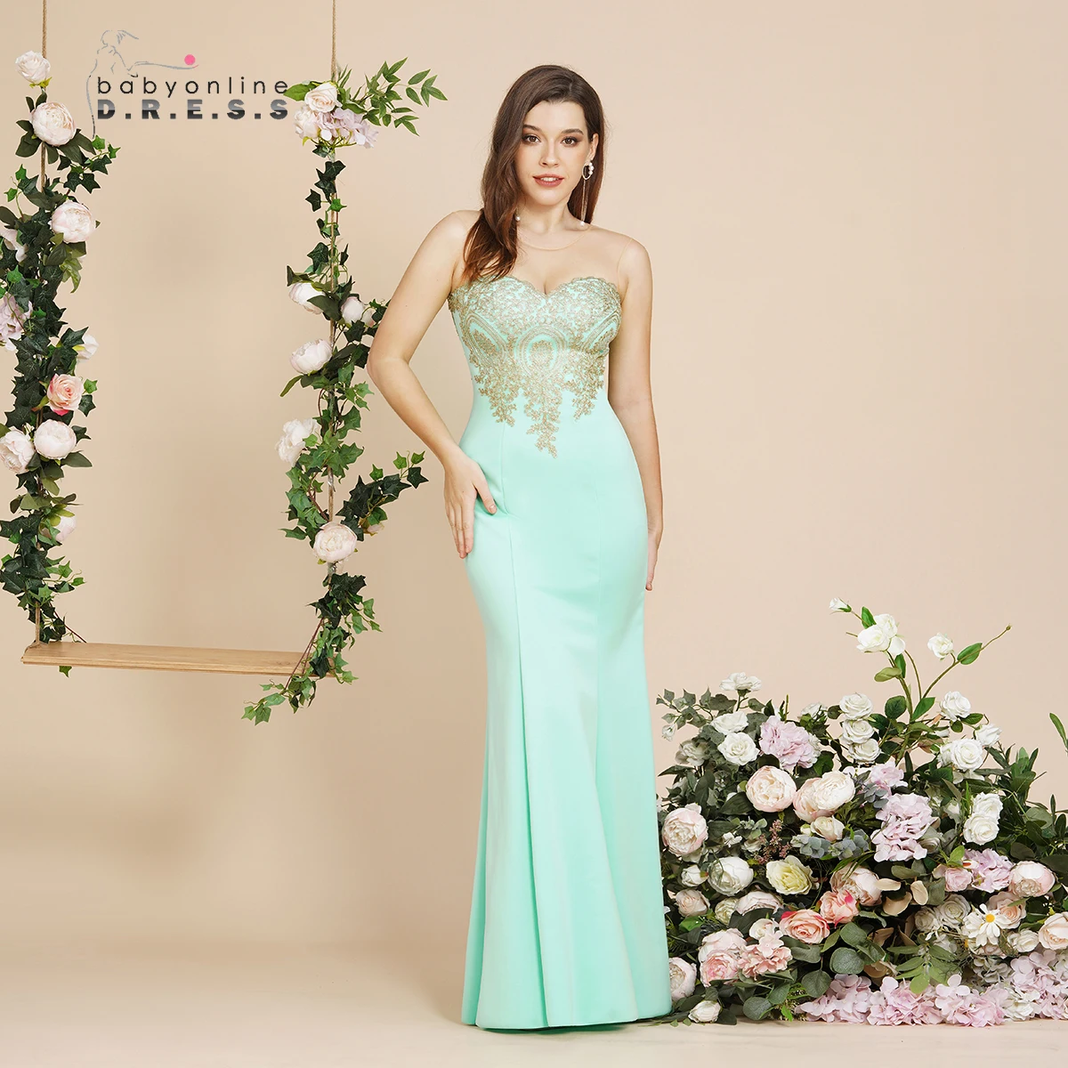 

BABYONLINE Mint Green Bridesmaid Dresses Maxi Floor Length Mermaid Gowns Elegant Golden Appqulies Sweetheart Illusion Summer