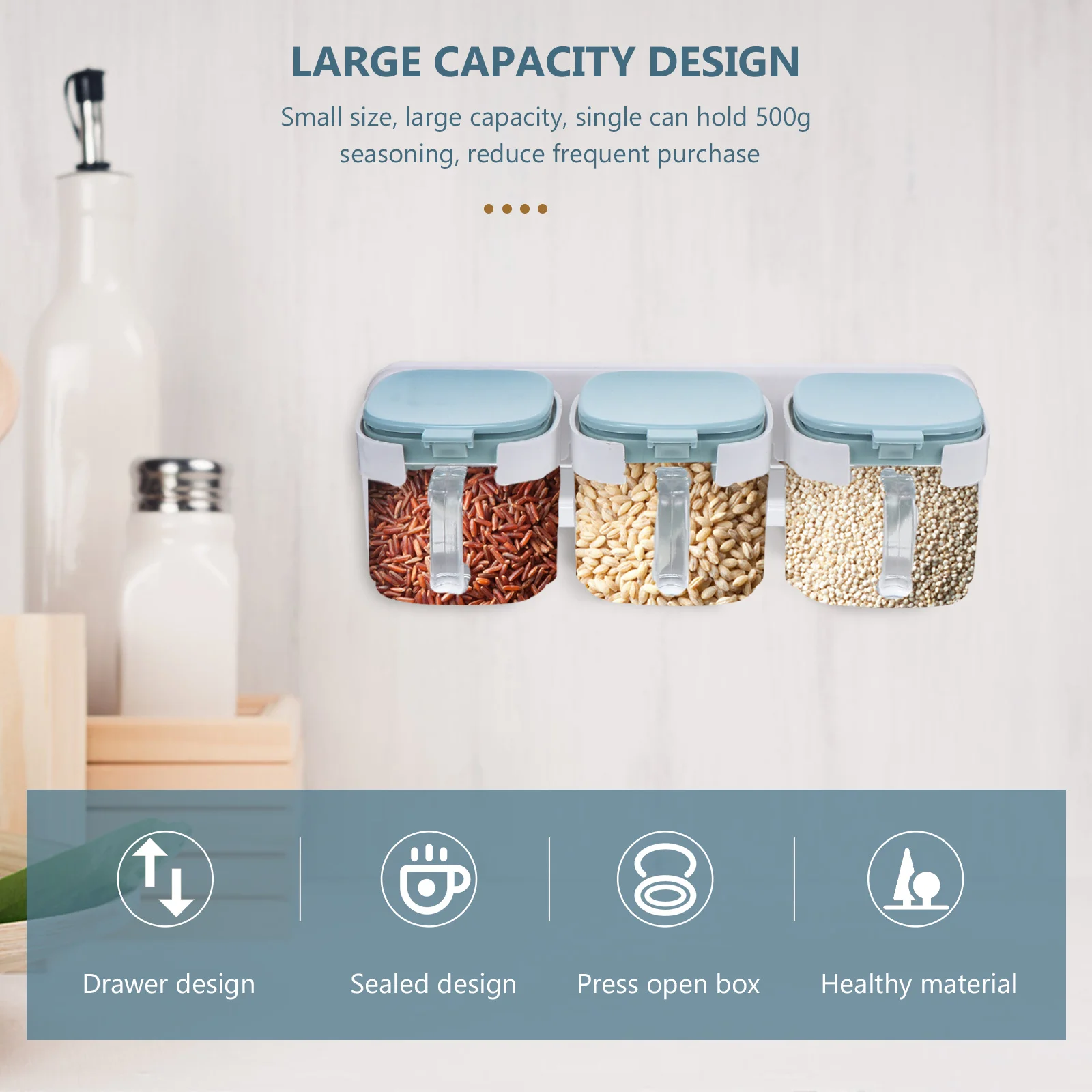 

3pcs Condiment Container Set Wall Mounted Spice Boxes Sealing Lids Kitchen Seasoning Jars Dustproof Moisture Resistant Storage