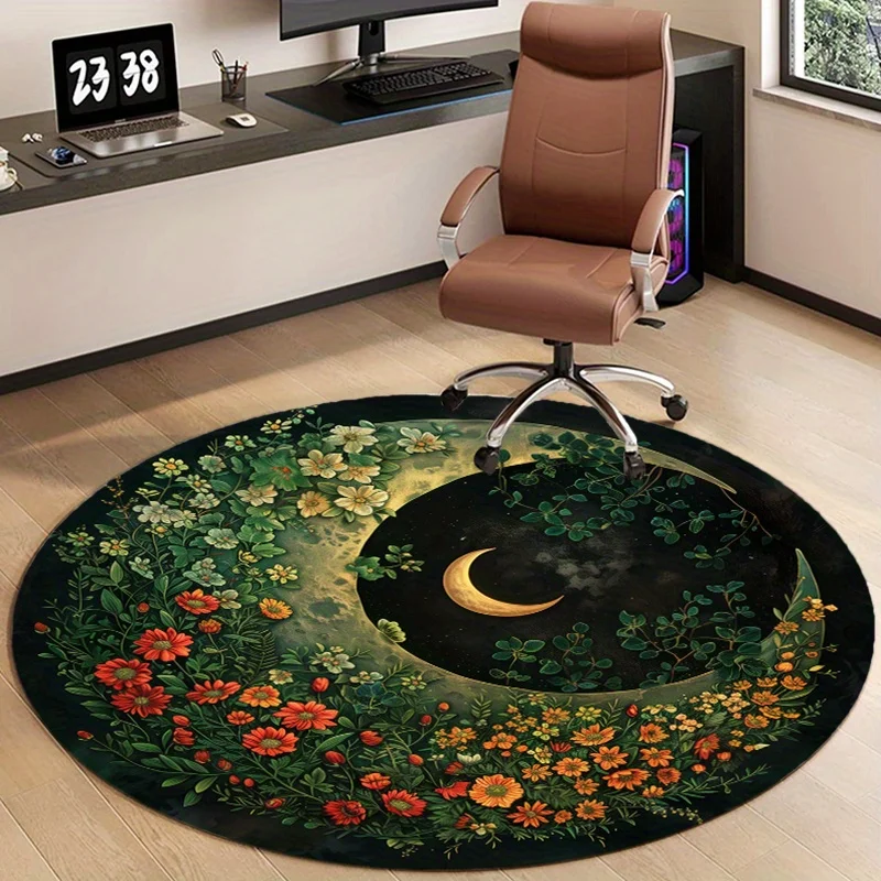 Moon and Flowers Round Area Rug, Celestial Floral Non Slip Circle Carpet, Washable Living Room Bedroom Mat
