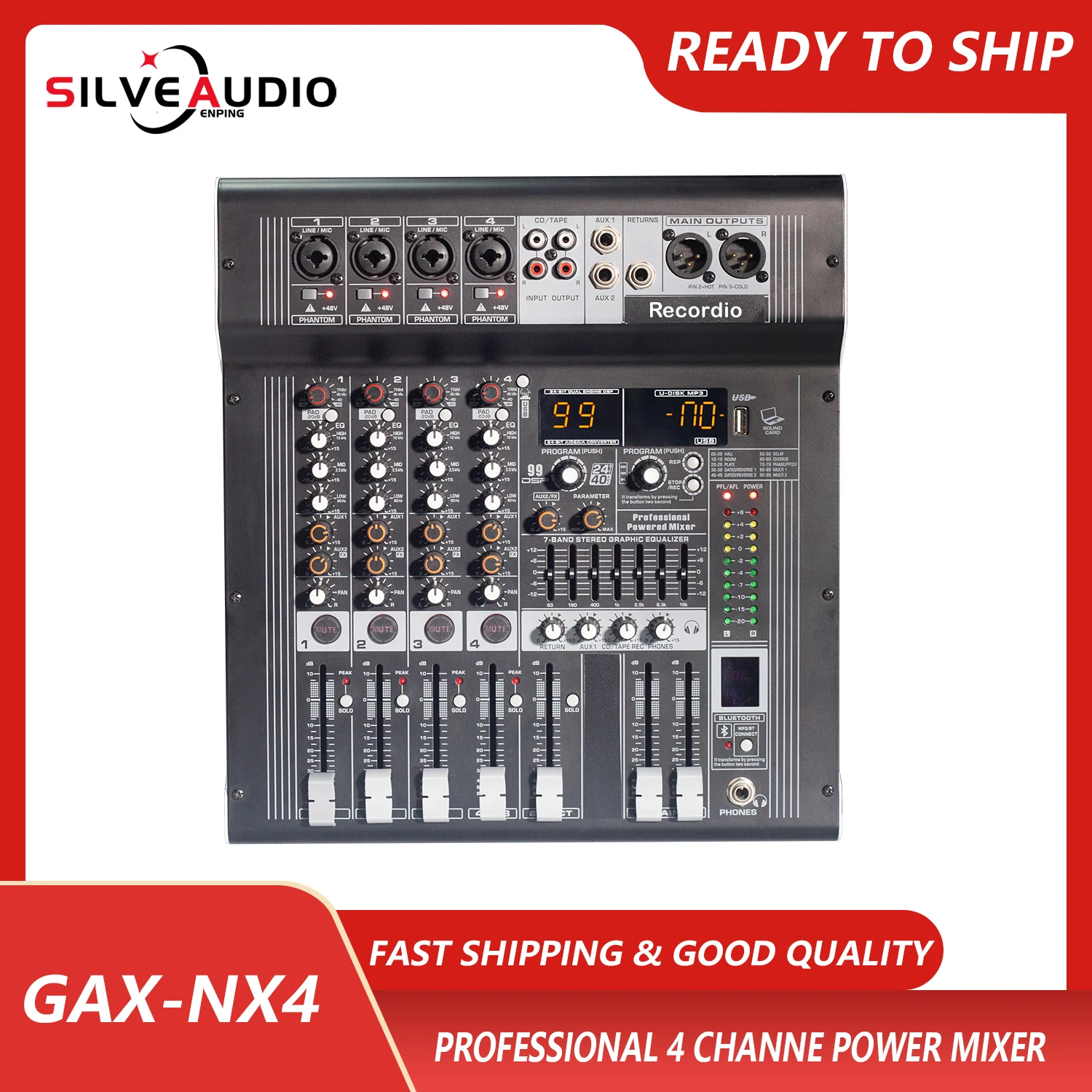 

GAX-NX4 Professional 4 Channel Power Mixer Amplifier 400W*2 USB Audio Mixer 99DSP 2Aux Output Mixer For Stage Performance