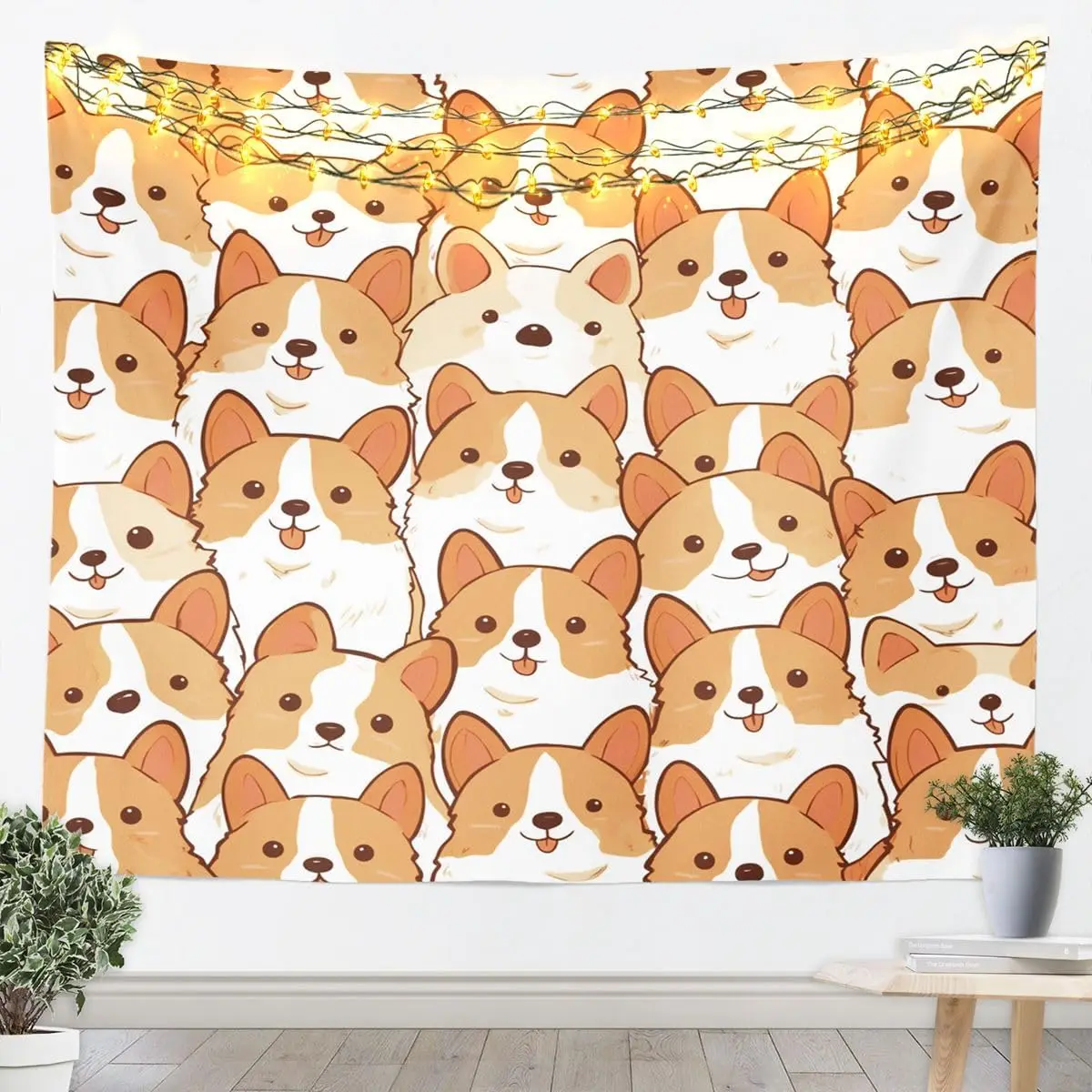 Cute Corgi Dog Tapestry, Adorable Cartoon Corgi Faces Print Wall Hanging for Bedroom Living Room Dorm Home Decor