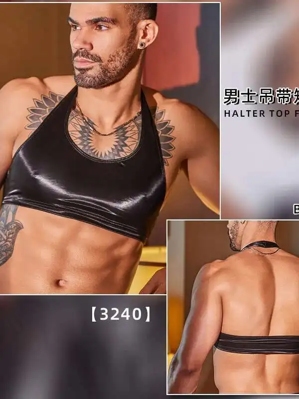 Men Sexy Oil Glossy Shiny Short Tank Tops Thin PU Strap Short Vest Fashion Top High Elastic Sleeveless Shirt Dance Wear R6UH