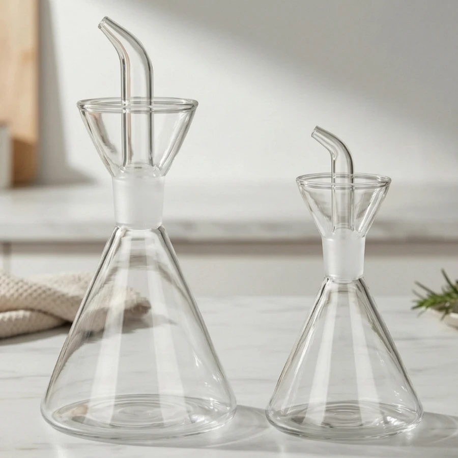 Home Kitchen Glass Oil Dispenser Bottle, Triangle Clear Borosilicate Oil Pot, Non Drip Spout for Olive Oil Sauce