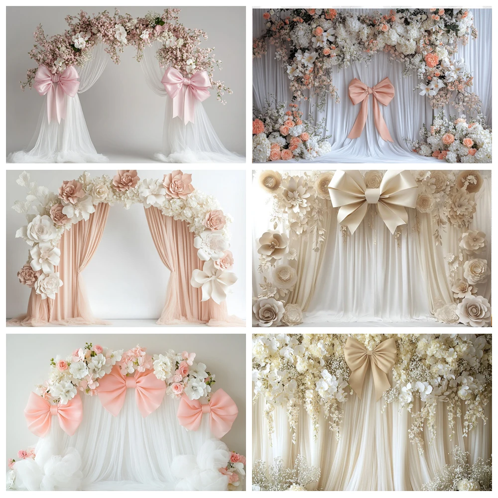 

Wedding Scene Decor Backdrop Bowknots Colorful Flower Floral Art Arch Bow Bridal Pregnant Woman Portrait Photography Background