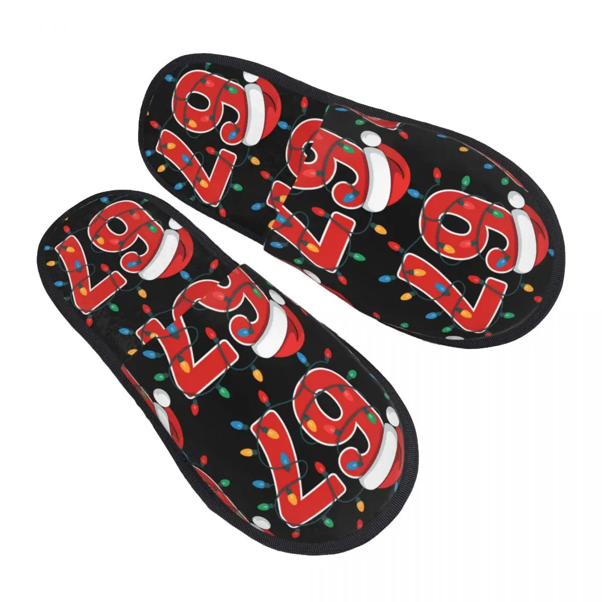 Home Cotton Slippers Christmas 67 Xmas Lights Santa Accessories Household Fur Slides Slippers Living Room Six Seven Slip Slides