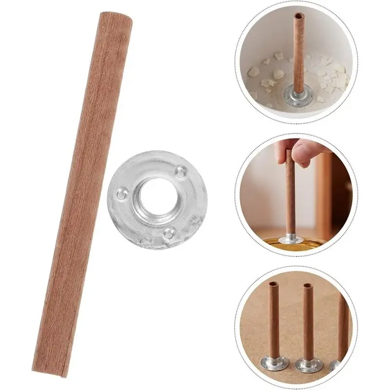 ABUN-Wooden Core For Candle Wicks 12Pcs With Stable Metal Base Round Design Includes Iron Stand For Candle Makers Wood