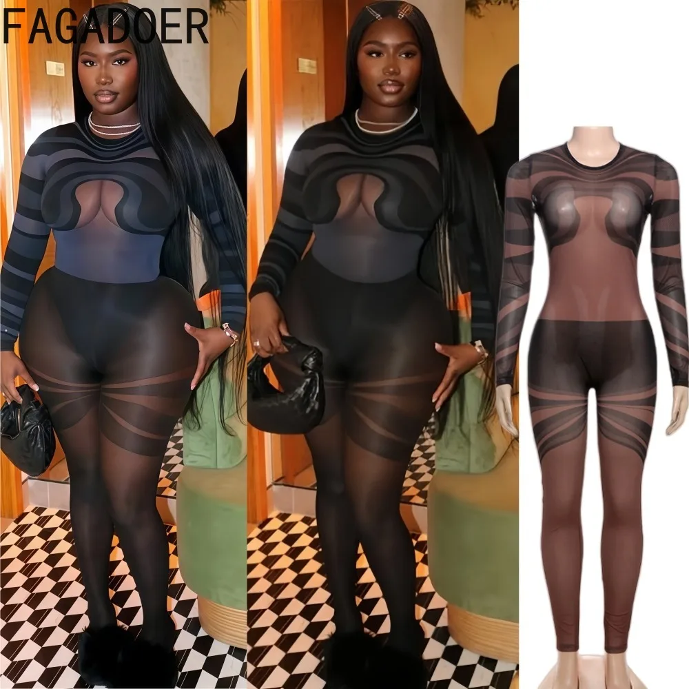

FAGADOER Y2k Sexy Mesh See Through Bodycon Jumpsuits Women Color Block Printing Long Sleeve Rompers Female Streetwear Overalls