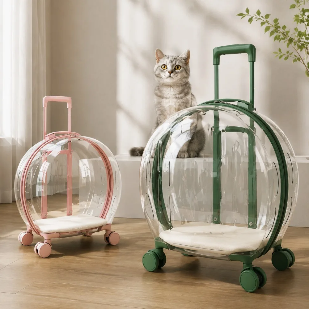 Transparent Pet Carrier Bag Portable Cat Travel Backpack Bubble Cage Handheld Push Pull Trolley Case Dog Transport Box