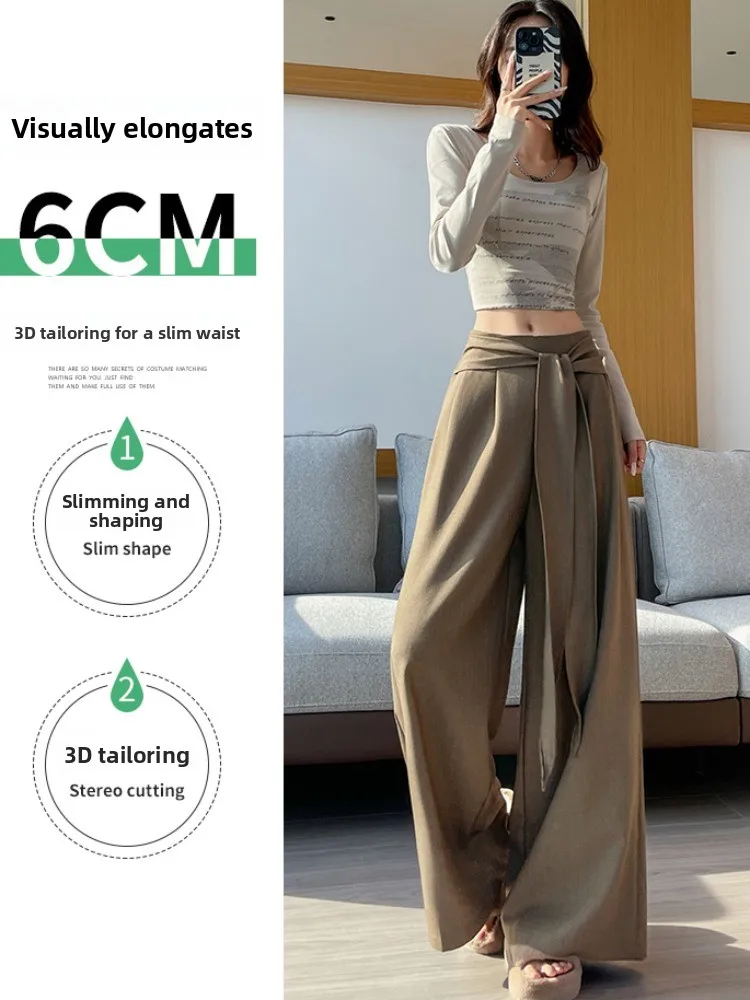 Spodnie damskie z szerokimi nogawkami Ce Au Lait, jesienno-zimowe, z wysokim stanem, z paskiem, luźne, codzienne spodnie do chodzenia, proste, w stylu koreańskim.