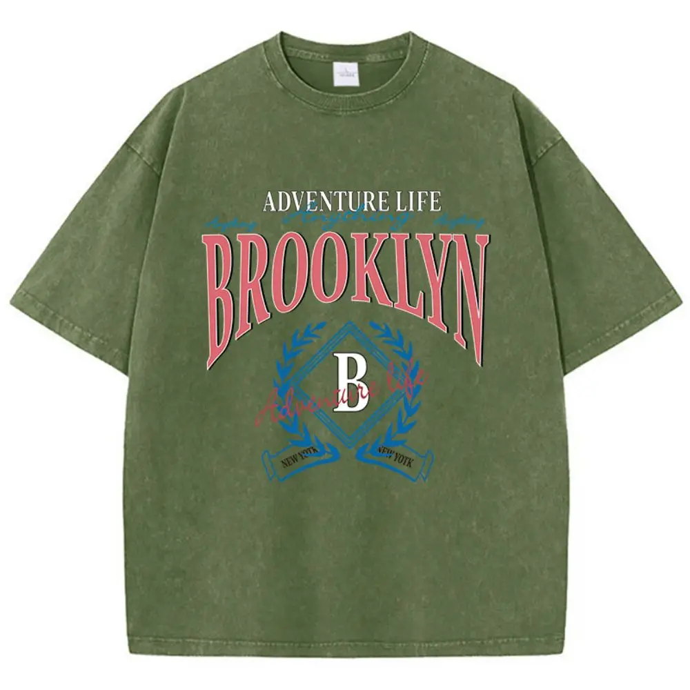 Women'S Cotton Washed T-Shirts Adventure Life Anything Brooklyn Prints Short Sleeve Loose O-Neck Distressed Tops Female Clothes