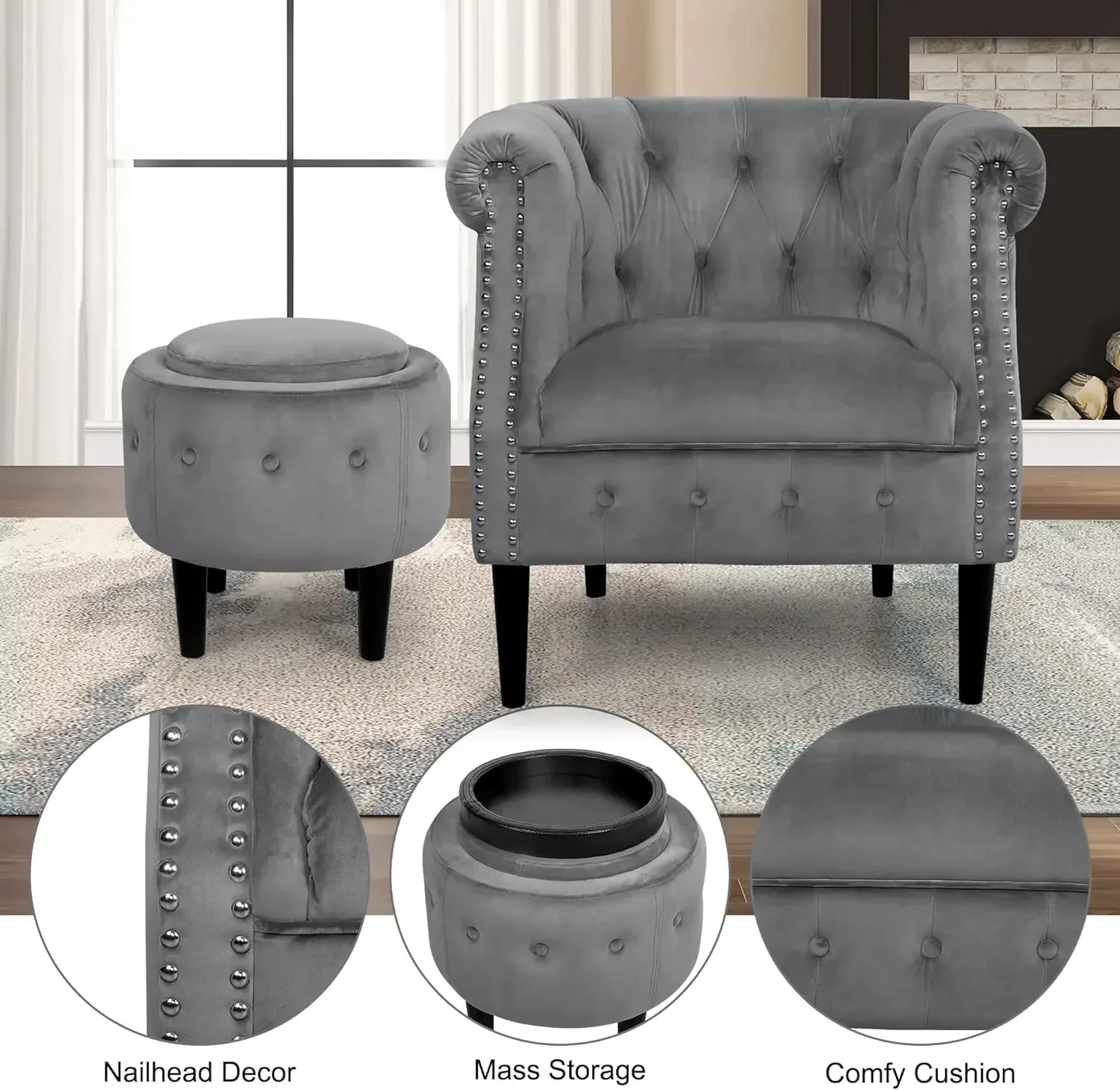 Mid-Century Accent Chair, Modern Velvet Armchair Button Tufted Rivet Barrel Chair, Comfy Single Sofa Chair Ottoman Set