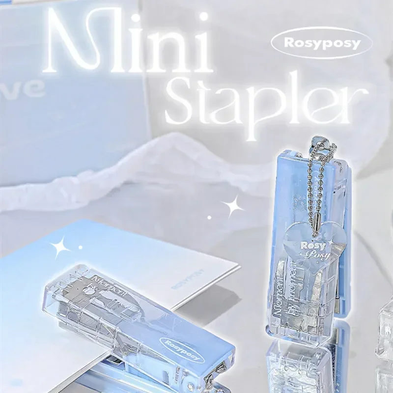 1 Piece Mini Stapler Staples Set for Student Transparent Gradient Color Solid Stapler with Pendant Portable Binding Supplies