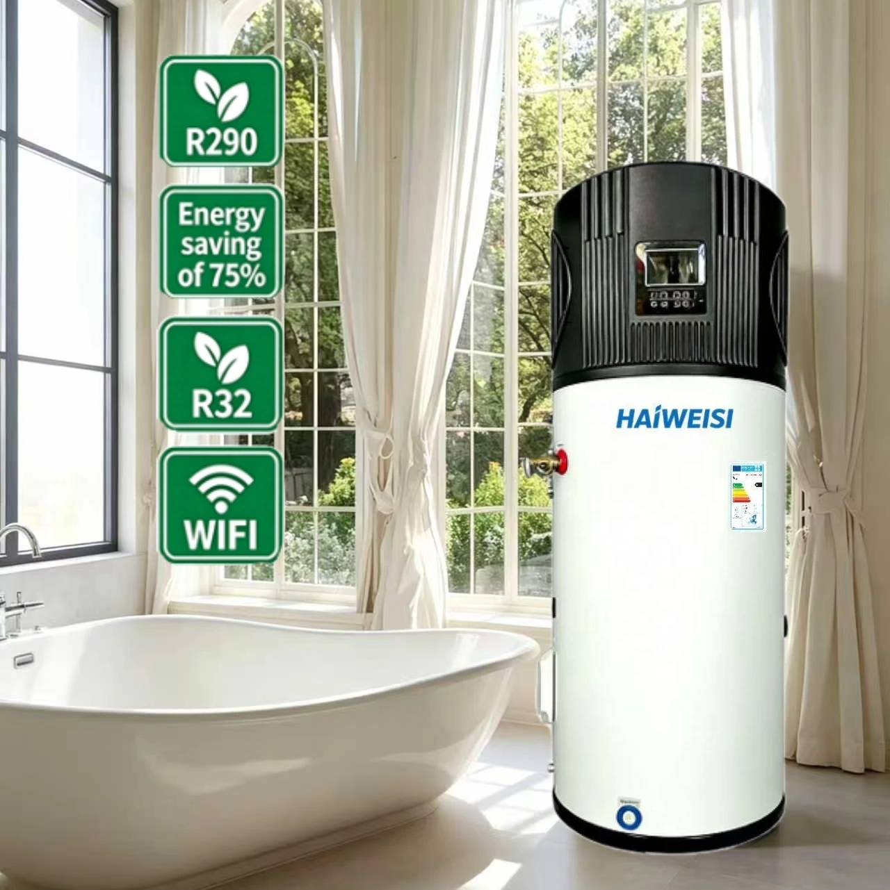 WiFi R290 Multi-in-One Smart Air Source Heat Pump Heater (150L/200L/300L) Outdoor Use High Efficiency Energy Efficient