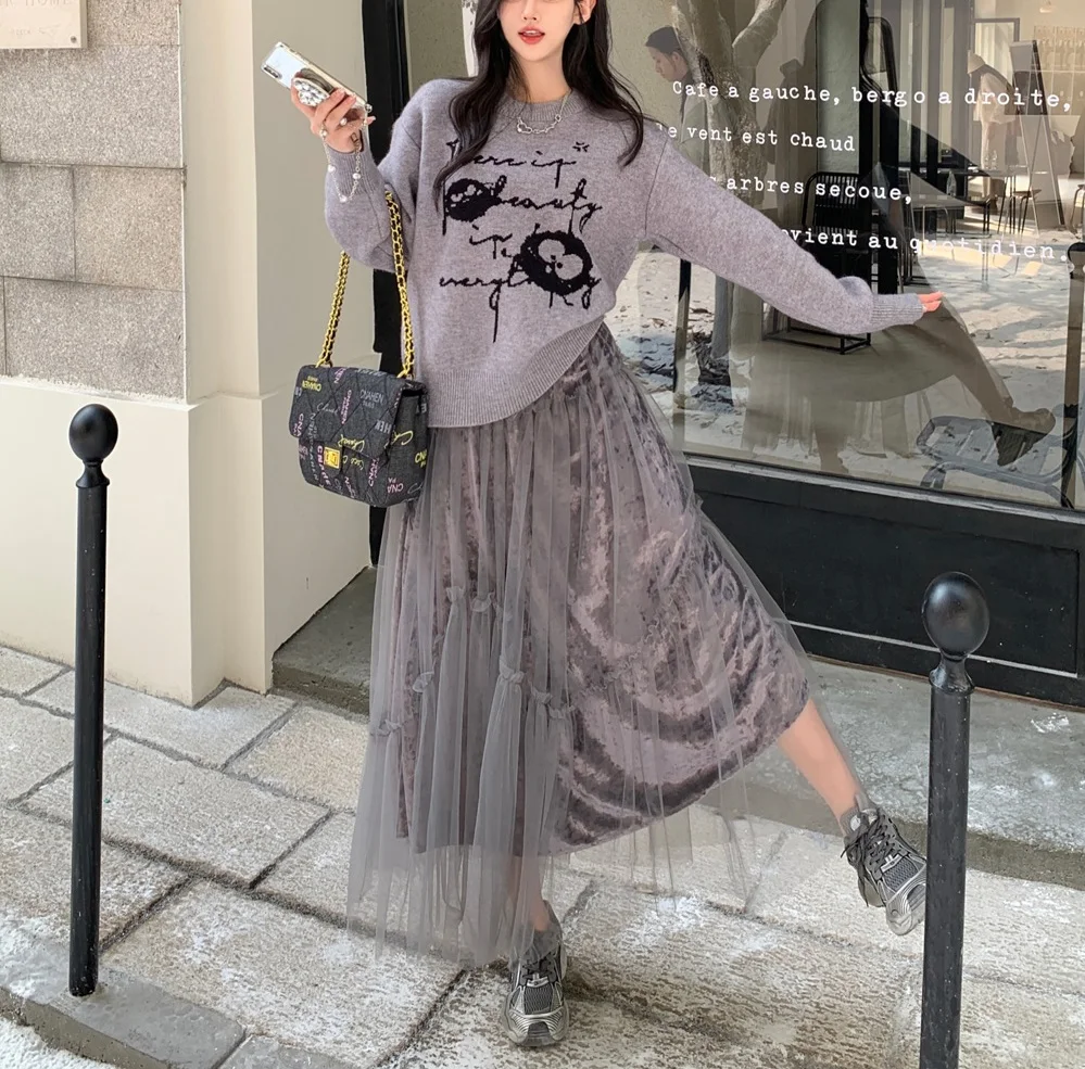 Real shot~Large size women's cartoon fun graffiti version round neck pullover sweater for women+mesh half length skirt set