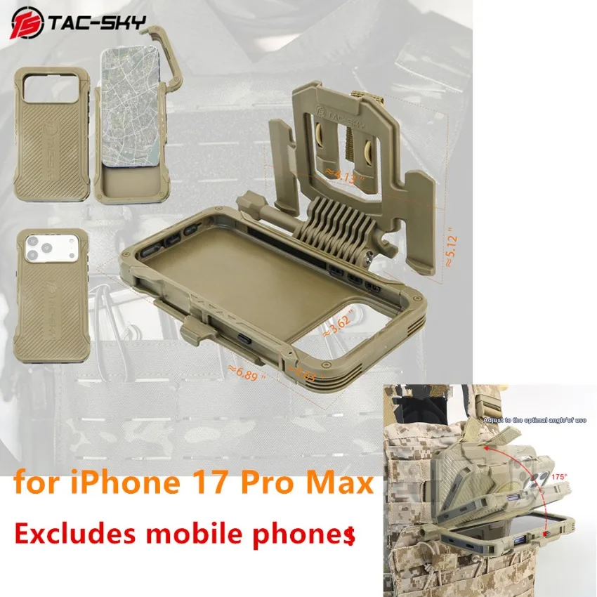 Tactical phone case for iPhone17 ProMax, featuring a phone mount and for MOLLE-system vests; fit navigation and shooting sports