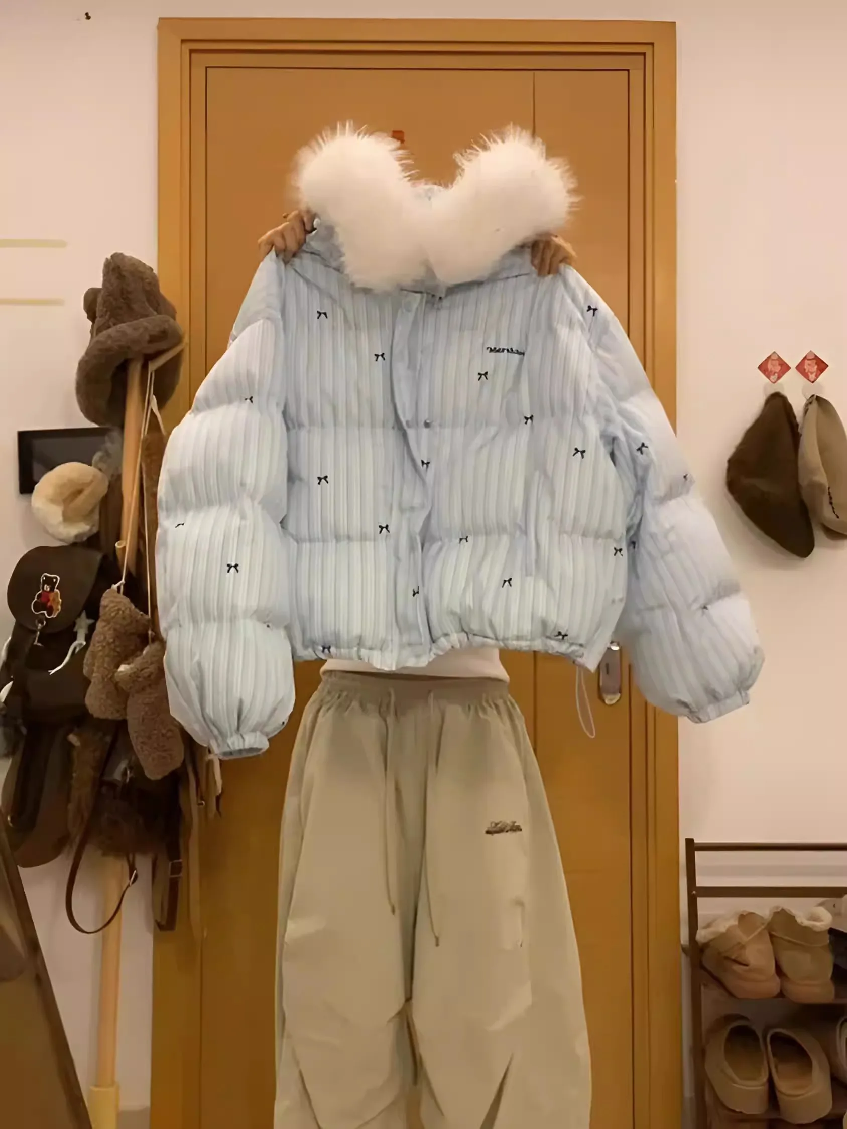 

Новое зимнее корейское хлопковое пальто в полоску с узлом или шапкой, дизайнерская женская верхняя одежда