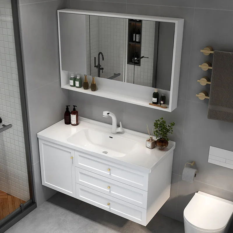 Customizable Smart Modern Light Luxury Washbasin Bathroom Cabinet With Mirror Oak Bathroom Cabinet Set Ceramic One-piece Basin